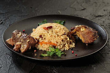 Plov on a plate. Azerbaijani National food, Food concept.