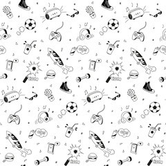 Seamless pattern. A set of doodle elements of a teenager's lifestyle. Vector graphics.