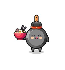 frying pan as Chinese chef mascot holding a noodle bowl