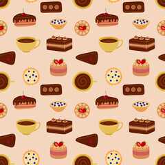 Pattern of sweet delicious cakes. Cartoon style hand drawn vector illustration. Cakes with cream, berries and chocolate. For greeting cards, restaurants and bakery menus.