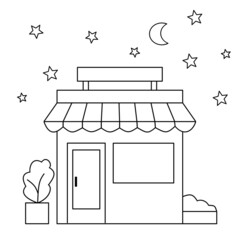 Line art of a shop at night view perfect for coloring book illustration