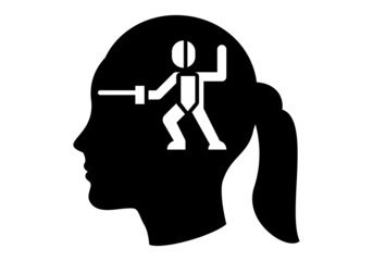 Esgrima femenino. Mujer esgrimista, Silueta negra de la cara de una mujer o joven con el símbolo de la esgrima. Esgrimista femenina. 