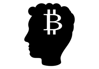 Silueta negra de la cara de un hombre o joven con el símbolo del bitcoin. Perfil masculino del inversor en bitcoin
