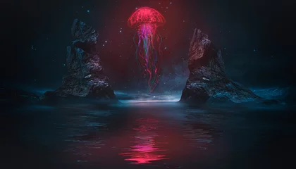 Tuinposter Futuristic fantasy night landscape with abstract landscape and island, moonlight, radiance, jellyfish, neon. Dark natural scene with light reflection in water. Neon space galaxy portal. 3D illustratio © MiaStendal