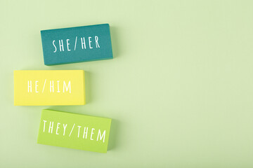 Correct pronouns for different genders on light pastel green background with copy space