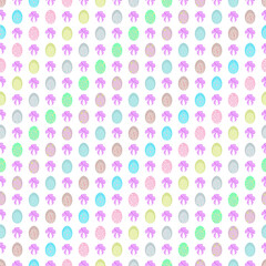 Easter seamless vector pattern. Easter colorful eggs and pink bows on white isolated background. Unique background in pastel colors. 