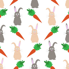Easter seamless vector pattern. Easter bunnies or rabbits with carrots on an isolated white background. Unique baby background in pastel colors 