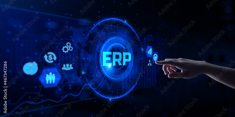Aufkleber erp enterprise resources planning software system business process automation concept. hand pressing