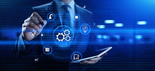 Gears icons business process automation innovation technology concept. Businessman pressing button on screen.