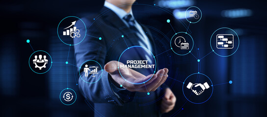 Project management business corporate technology. Businessman pressing button on screen.