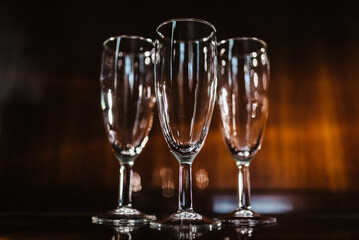 Glasses of champagne on table. Party and holiday celebration concept.