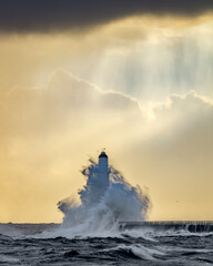 storm, lighthouse, sunrise, rain, dramatic, seascape