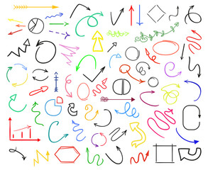 Multicolored infographic elements isolated on white. Set of different indicator signs. Tangled backdrops. Hand drawn simple objects. Line art. Abstract circles, arrows and rectangles. Symbols for work