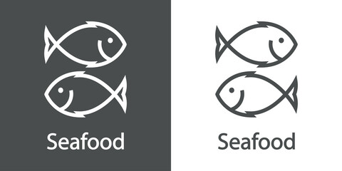 Logotipo restaurante. Banner con texto Seafood y silueta de 2 pescados con líneas en fondo gris y fondo blanco