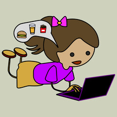 Illustration Girl Making Purchase Using Laptop.Stay at home. Doodle cartoon style.