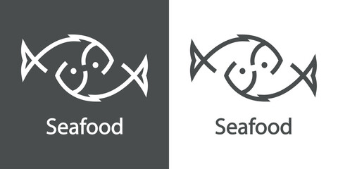 Logotipo restaurante. Banner con texto Seafood y silueta de 2 pescados abstractos con líneas en fondo gris y fondo blanco