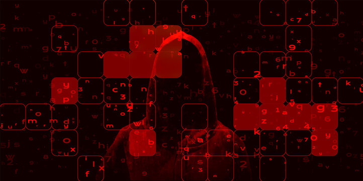 Silhouette of a hacker on a background with binary code and lights, hacking of a computer system, theft of data
