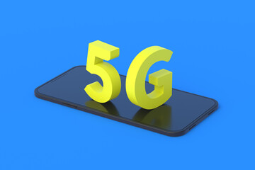 Smartphone near inscription 5G on blue background. High speed broadcast. New mobile technology. Global trend, communication. 3d rendering