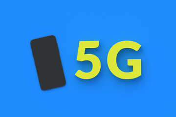 Smartphone near inscription 5G on blue background. High speed broadcast. New mobile technology. Global trend, communication. 3d rendering