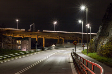 Stockholm, Sweden A highway entrance ramp at night.