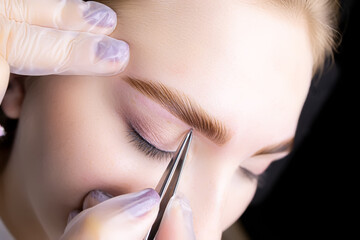 the hands of a close-up master who stretches the tail of the eyebrows and removes excess hairs with...