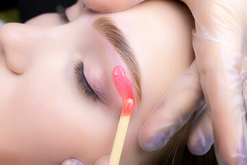 close-up of applying red wax to remove unwanted hairs from the lower contour of the model's eyebrows - obrazy, fototapety, plakaty