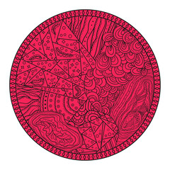 Zendala on white. Hand drawn circle mandala with abstract patterns on isolated background. Design for spiritual relaxation for adults. Print for banners, t-shirts and flyers. Web icon. Zentangle