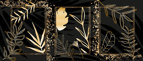 Hand drawn plants with a gold gradient. Template for greeting cards or invitations. Vector illustration and background with gold splashes. Golden frames.

