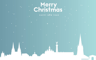 Christmas and new year blue greeting card with white cityscape of Bordeaux