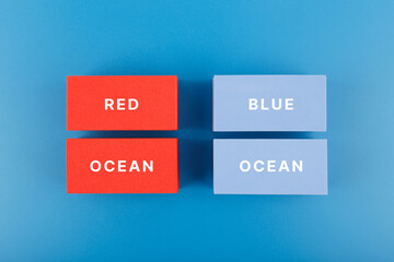 Marketing red ocean and blue ocean business strategy concept. Flat lay, close up, text on blue and...