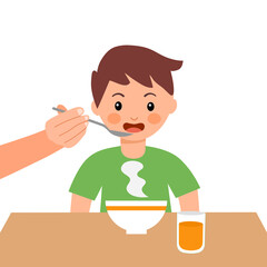 Mother feeding a child hot soup in flat design on white background. Boy kids eating meal.