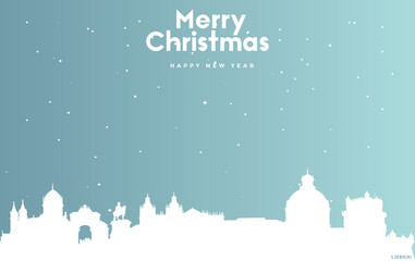 Christmas and new year blue greeting card with white cityscape of Lisbon