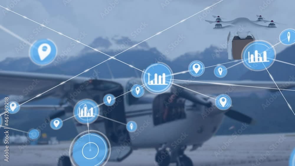 Poster animation of network of connections with icons over drone carrying box and airplane in background