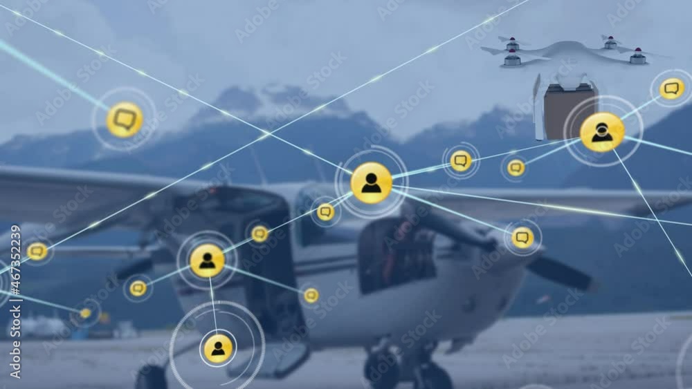 Poster animation of network of connections with icons over drone carrying box and plane in background