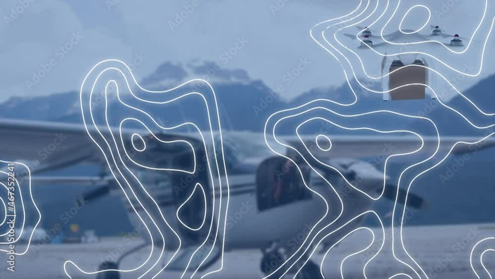 Aufkleber animation of white map lines over drone carrying box and plane in background