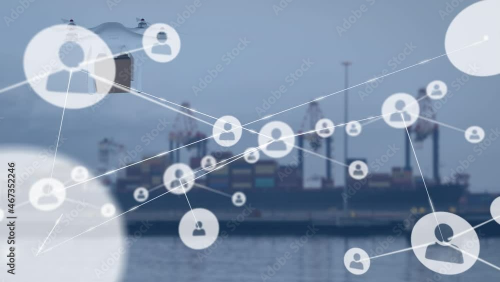 Poster animation of network of connections with icons over drone carrying box and ship in background