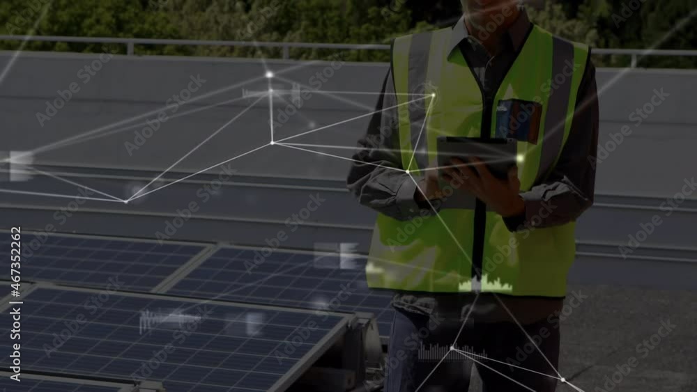 Poster animation of network of connections over solar panels and male engineer using tablet in background