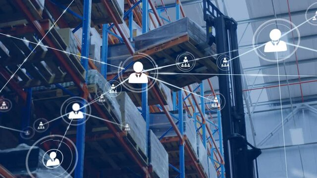 Animation of network of connections with icons over warehouse in background