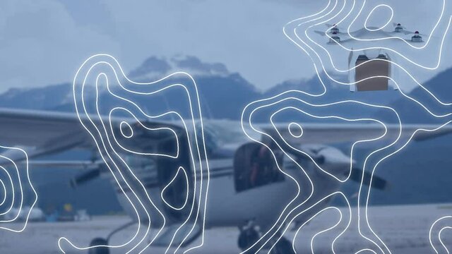 Animation of white map lines over drone carrying box and plane in background