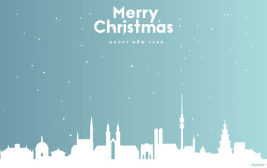 Christmas and new year blue greeting card with white cityscape of Munich