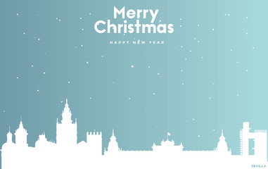 Christmas and new year blue greeting card with white cityscape of Sevilla