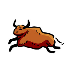 Rock art. Drawing of a bull or ox. Primitive tribal cartoon. Running animal