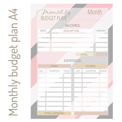Personal monthly budget planner in a4 format. Finance, income and expenses.