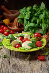 Green salad with mozzarella, tomato and basil.