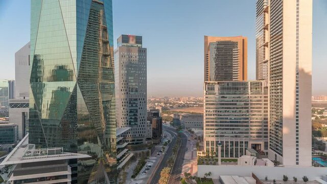 Dubai International Financial district aerial timelapse. Panoramic view of business and financial office towers.