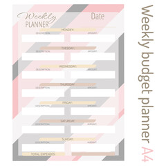 Personal weekly budget planner in a4 format. Finance, income and expenses.