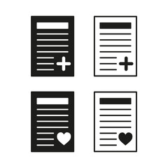 A set of four isolated document icons on a white background, black fill, black outline, vector illustration
