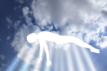 immortal soul of the deceased ascends to heaven, disembodied ghost of a person, white silhouette in...