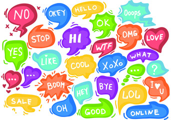 Hand-drawn doodle speech bubbles set. Colorful chat messages. Clouds for online chat with different words. Suitable for dialogue to illustrate reactions. Vector illustration.