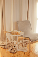 minimalist chair and coffee table in the living room in neutral colors